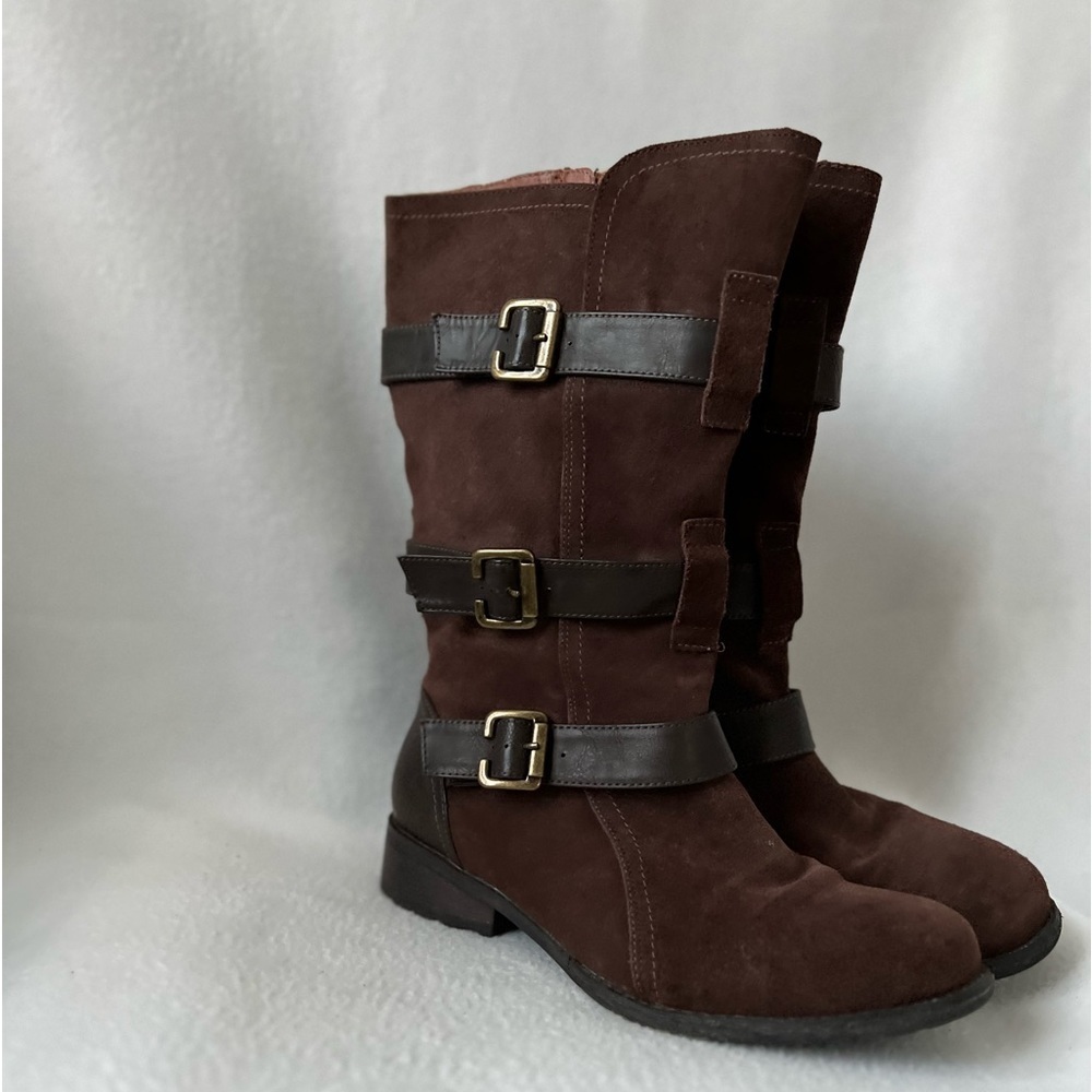 Eddie Bauer Size 7.5 Brown Leather/Textile Zippered Boots with Buckle Accents